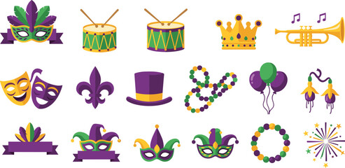 Colorful Mardi Gras celebration icons, carnival mask, drum, crown, trumpet, balloons, confetti, beads, festival design, New Orleans party illustration