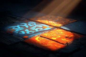 Abstract View of Illuminated Decorated Floor Tiles with Light Beams and Shadow Effects