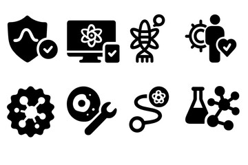 Quantum Biology Icons. Solid style icons of future applications of quantum biology: life-extending wave badge, quantum-powered