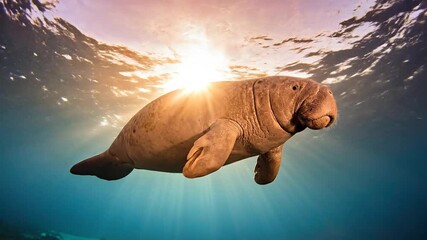 Majestic Dugong Swimming Gracefully Underwater with Sunlight Rays - Powered by Adobe