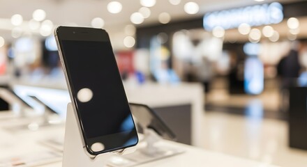 Sleek contemporary mobile device showcased on a stand in a modern electronics retail environment.