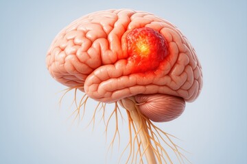 Detailed 3D rendering of a human brain showing a visible cancerous tumor with nerve connections, representing brain cancer and neurological disease concept.