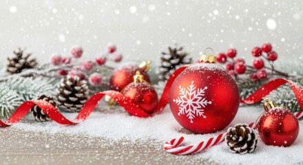 Closeup of a festive christmas arrangement with a large red bauble, pine cones, red berries, and fir branches dusted with snow, accented by a red ribbon and candy cane