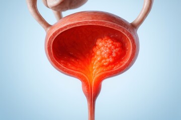 Detailed 3D rendering of the human urinary bladder showing a cancerous tumor inside, representing bladder cancer, oncology, and medical anatomy concept.