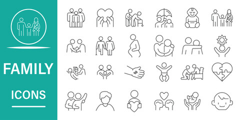 Set of outline icons related to family. Included icons as children, parents, pregnancy, grandparents, adoption and more symbol collection. Vector illustration. eps 10