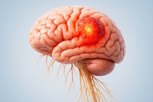 Detailed 3D rendering of a human brain showing a visible cancerous tumor with nerve connections, representing brain cancer and neurological disease concept.