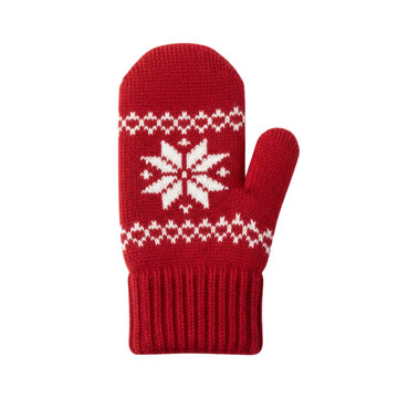 Red knitted mitten with white snowflake pattern on transparent background