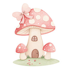 Watercolor mushroom house clipart, pink toadstool cottage illustration