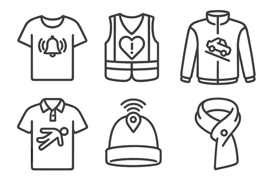 Emergency Textile Icons. Line style icons of Emergency Response Textiles: wearable distress signal, heart signal alert vest,