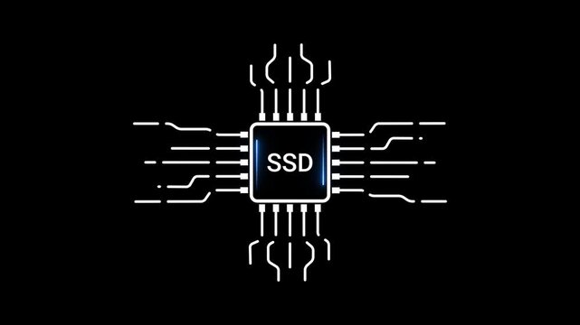 Central SD microchip with glowing blue text and radiating circuit lines on a black background Solid State Drive