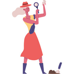 Woman Archaeologist Examining Artifact With Magnifying Glass and Trowel Digging Soil In Coral Pink Dress And Yellow Top With Red Hat And Blue Boots And Fanny Pack