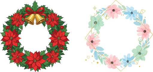 Christmas wreath with bells, red poinsettia, holly leaves, pastel floral wreath, geometric frame, holiday decor, festive, elegant design