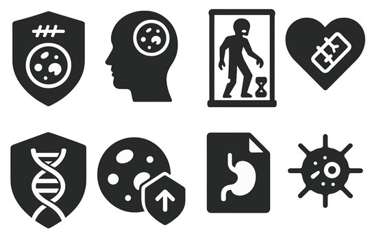 Zombie Biotech Icons. Solid style icons of potential zombie biotech use: wound healing badge with undead cell, post-mortem