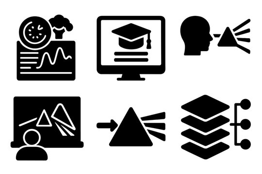 Hyperspectral Education Icons. Solid style icons of educational hyperspectral visuals: spectral food infographic, training module