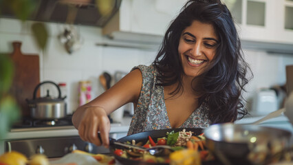 Smiling woman preparing healthy meal in a bright kitchen