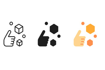 VR Icon Styles. Minimalist VR interaction icon: three identical hand interacting with virtual objects icons in a row, first in