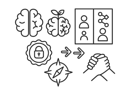 Leadership Mindset Icons. Line style icons of leadership mindset shift: fixed vs growth brain icon, traditional vs agile leader