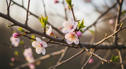 Delicate Cherry Blossoms Blooming on a Branch in Spring.