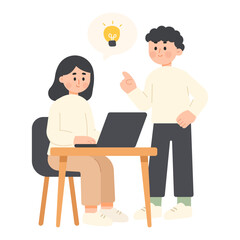 Flat design illustration of two young people working together in a co-working office. Working space concept. Flat cartoon character vector illustration