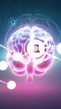 Vertical video: Starting gradient shift 3D brain pulsing and forming node network in digital space