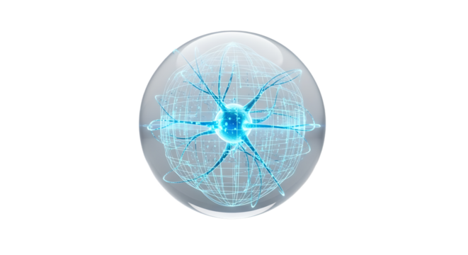 Futuristic glowing brain cell inside a glass orb showcases neuroscience innovation, cognitive function, and artificial intelligence, perfect for medical technology and research - Powered by Adobe