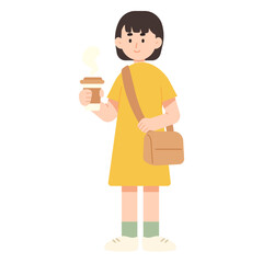 Flat cartoon illustration of a young woman with coffee. Morning coffee and working space concept. Flat cartoon character vector illustration