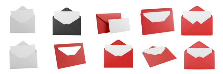 Collection of red and white envelopes with white paper inserts on black background