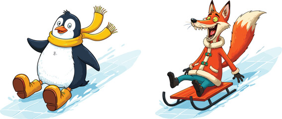 Cartoon penguin sliding on ice, fox sledding winter scene, cute animals playing, snowy background, fun illustration, children’s seasonal activity