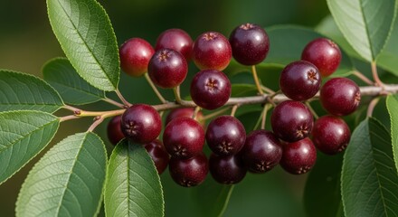 Close-up of ripe chokecherries on a leafy branch