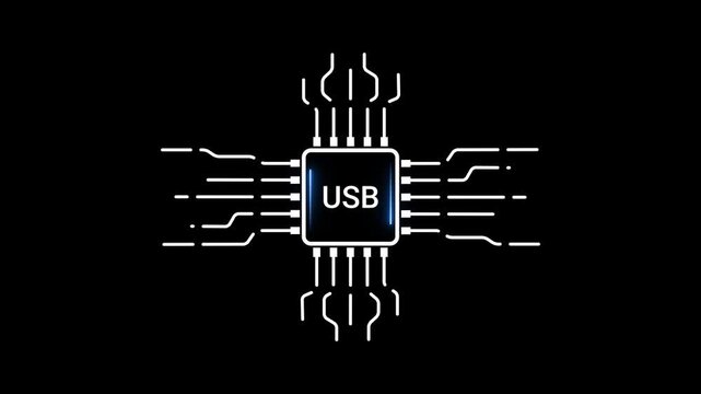 Central USB microchip with glowing blue text and radiating circuit lines on a black background Universal Serial Bus