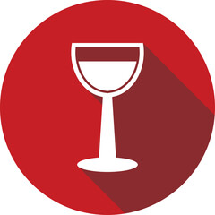 White wine glass icon with long shadow on a red circle background representing beverage and alcohol