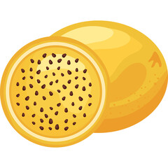 Whole and Halved Yellow Passion Fruit with Seeds on Transparent Background Vector Illustration