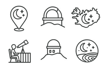 Fototapeta premium Global Stargazing Icons. Line style icons of global stargazing destinations: Atacama Desert map pin, Mauna Kea dome icon, Iceland
