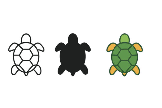 Minimalist Turtle Icons. Minimalist turtle icon: three identical turtles with shell pattern in a row, first in line style with