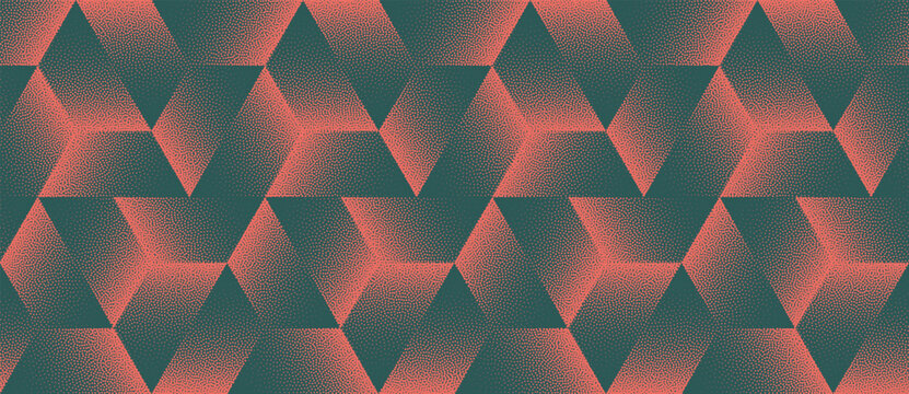Vector abstract wide panoramic background with futuristic halftone hexagonal structure pattern in red and green colour. Grainy textured abstraction for digital security and innovation design projects
