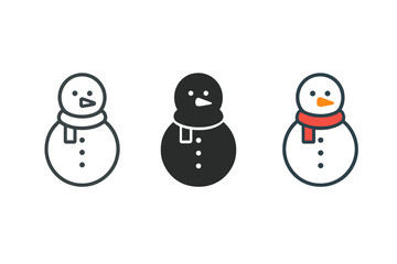 Minimalist Snowman Trio. Minimalist snowman icon: three identical snowmen with carrot nose and scarf in a row, first in line style