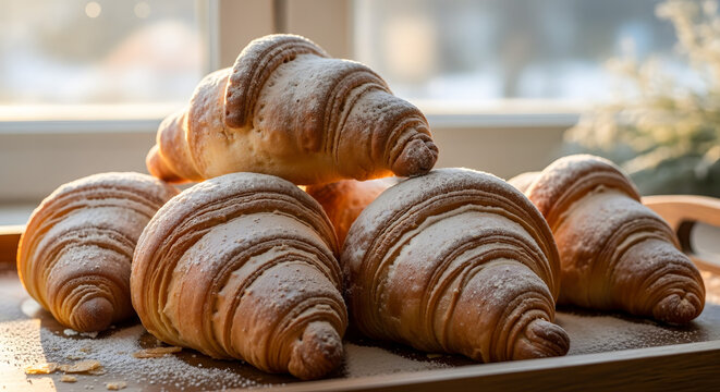 Freshly baked croissants arranged on wooden tray with sunlight - Powered by Adobe