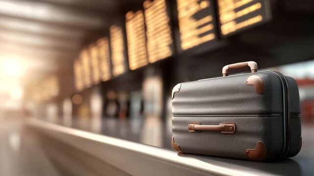 Packed suitcase near departure board with defocused delays, faceless flight stress, travel visualization detail, blurred airport background, delayed concept, luggage interface, dep