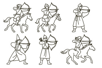 Obraz premium Archery Styles Icons. Line style icons of traditional archery styles: Korean horseback archer, Mongolian archer on pony, Turkish
