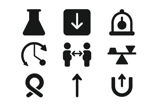 Inverse Gravity Icons. Solid style icons of inverse gravitational experiments: upside-down beaker, falling object reversed,