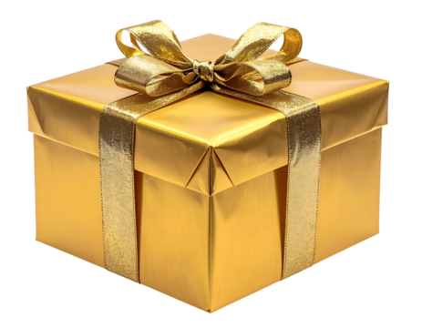 Shiny gold gift box with a ribbon and bow