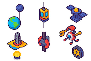 Space Elevator Elements. Isometric vector illustration set Space exploration – space elevator, tether cable, counterweight;
