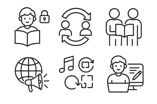 Open Pedagogy Icons. Line style icons of OER and open pedagogy: student as creator, participatory learning symbol, co-teaching