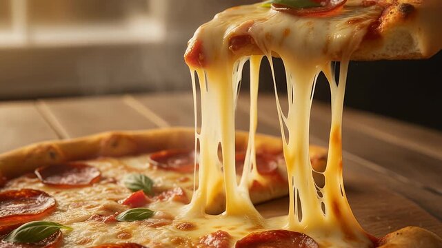 An irresistibly gooey slice of pepperoni pizza featuring a stunning and cinematic cheese pull