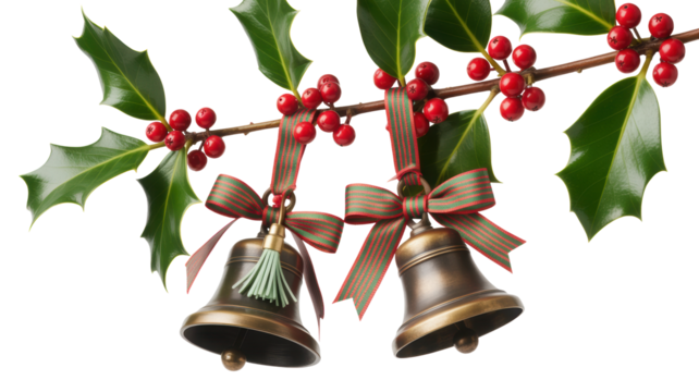 Two antique brass christmas bells with satin bows hanging from a festive holly branch with red berries isolated on transparent background - Powered by Adobe