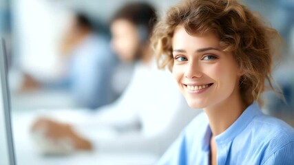 Call center team with woman at computer defocused office, faceless customer support, flight visualization detail, blurred workspace background, booking concept, travel interface, c - Powered by Adobe