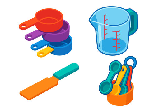 Vibrant Baking Tools Icons. Isometric vector illustration set Baking tools – measuring cup set, graduated cups, liquid measure;