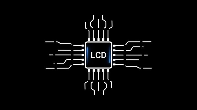 Central processing unit chip with LCD text and radiating circuit lines on a black background microchip