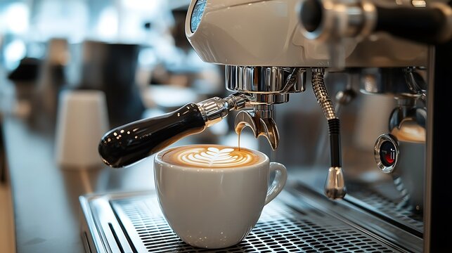 Espresso machine brewing fresh coffee isolated on white background
