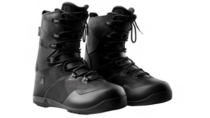 Sleek, sturdy black snowboarding boots, created AI, PNG